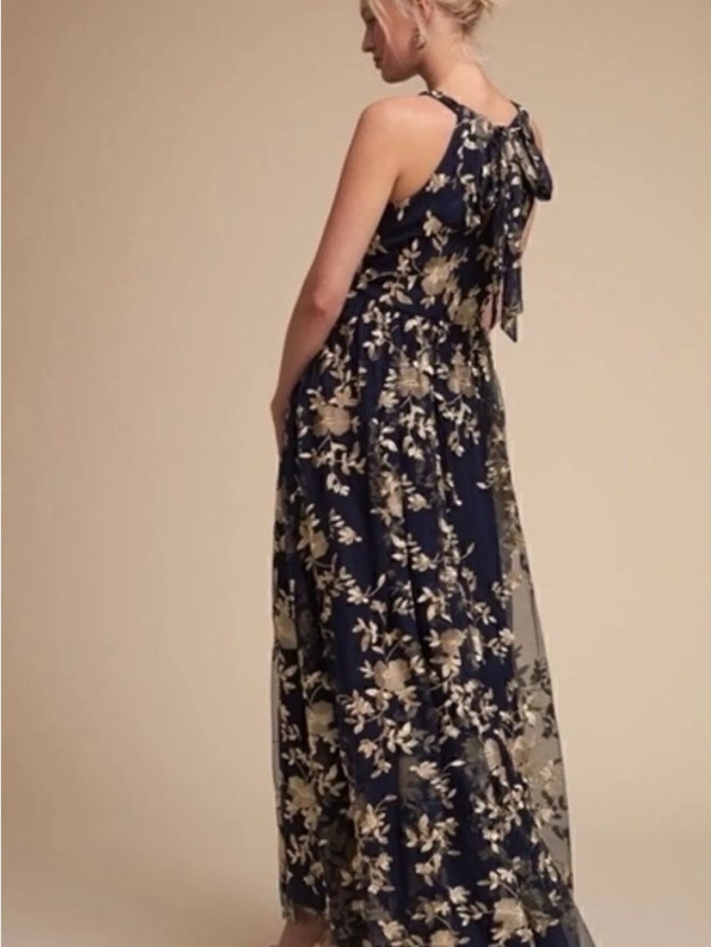 BHLDN Navy and Gold Antonia Floral Tie-Back Maxi Dress Size 2